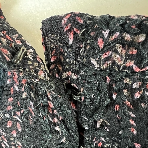 Free People Floral Boho Folk Leather Drawstring Chiffon Mini Dress Size Small - Picture 4 of 13